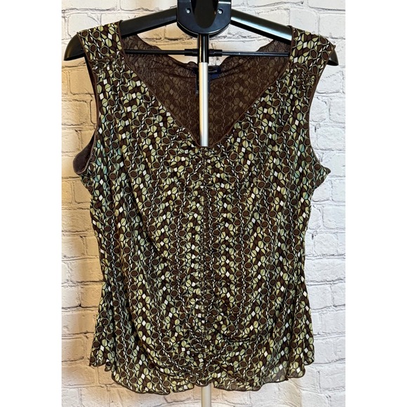 Max Edition Tops - Max Edition Womens XL Brown Green Geometric Mesh Ruched V-Neck Shell Top